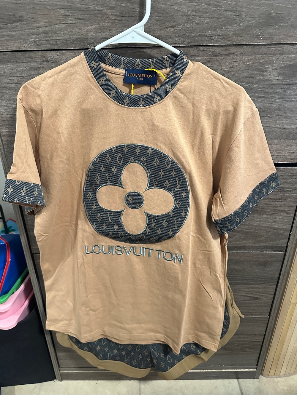 Tan T-Shirt with Brown Monogram Trim set size M